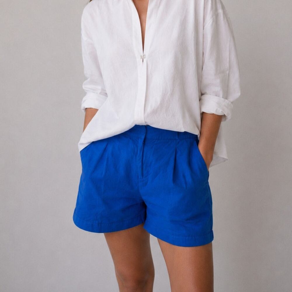 L'agence Linen Blend Mini Shorts with Elegant Drape Womens 10 Blue High Waist